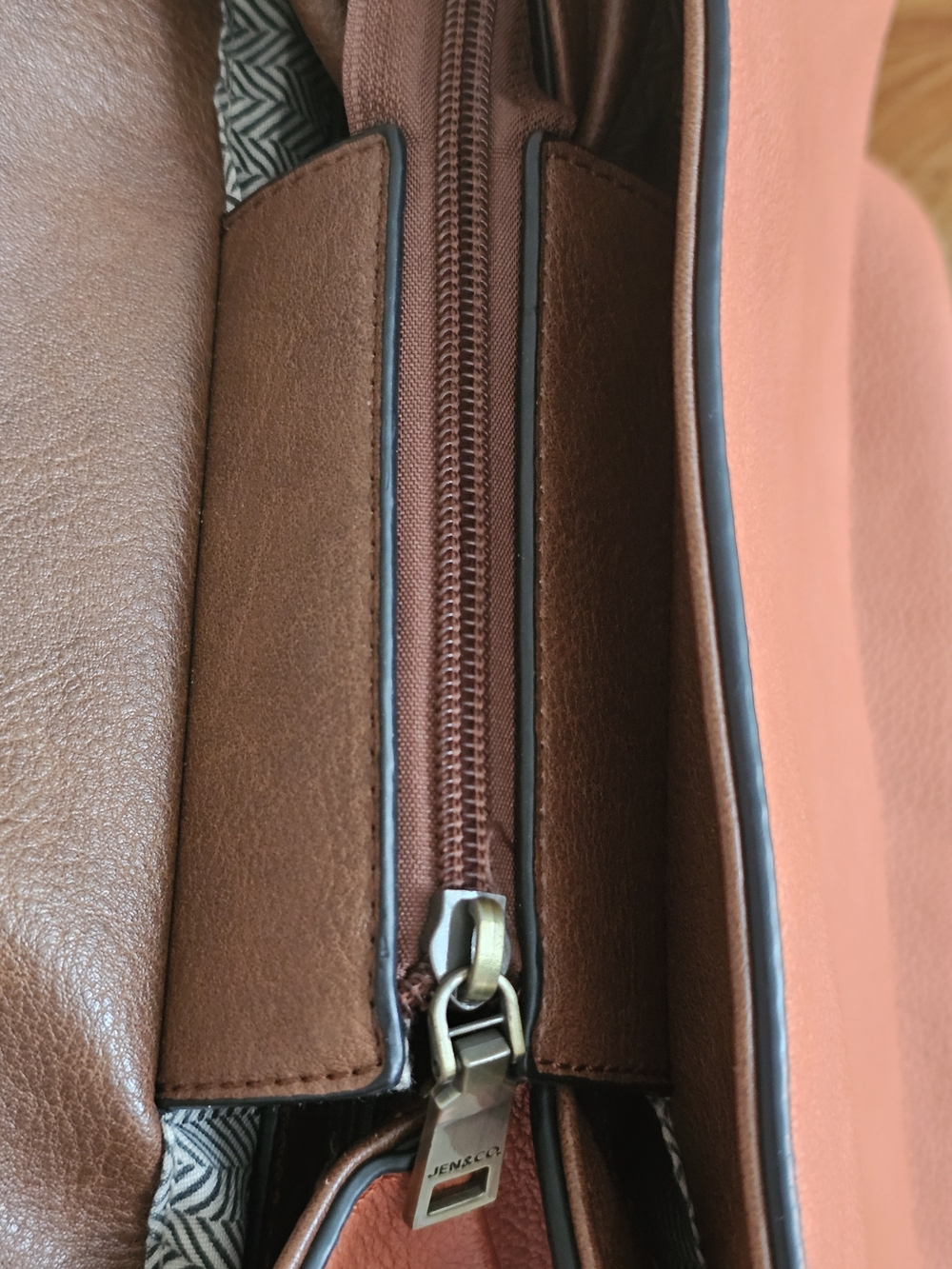 Jen & Co Convertible Top-Handle Satchel in Coral with Brown Trim - Picture 6 of 7